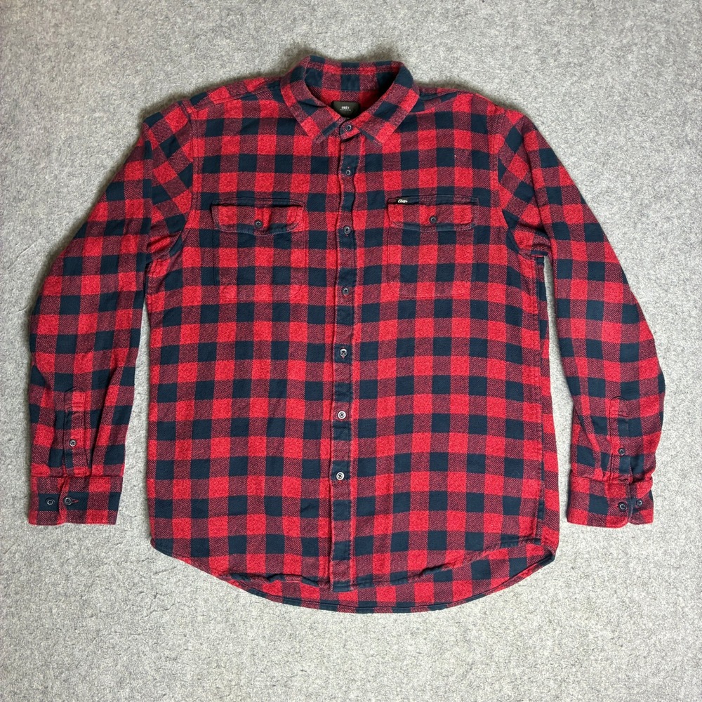 Obey Worldwide Mens Large Red Black Buffalo Plaid Flannel Button Down Shirt